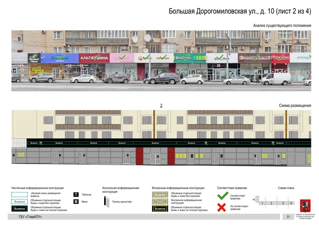 Архитектурная концепция размещения вывесок — Большая дорогомиловская улица, 10, Москва, лист 2 из 4 · Документ по адресу · Архитектурно-художественная концепция · 2019 год