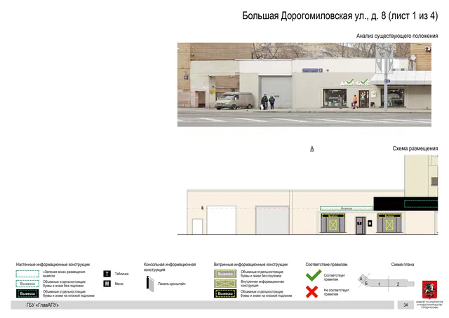 Архитектурная концепция размещения вывесок — Большая дорогомиловская улица, 8, Москва, лист 1 из 4 · Документ по адресу · Архитектурно-художественная концепция · 2019 год