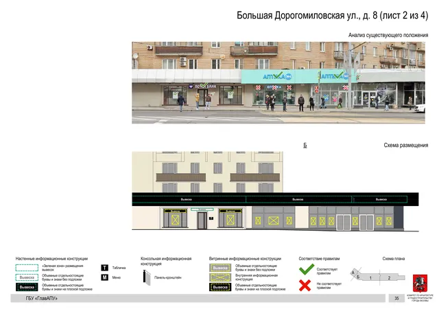 Архитектурная концепция размещения вывесок — Большая дорогомиловская улица, 8, Москва, лист 2 из 4 · Документ по адресу · Архитектурно-художественная концепция · 2019 год