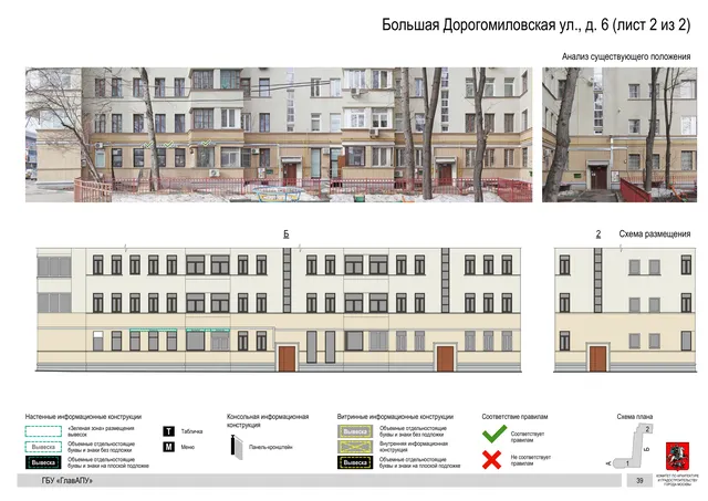 Архитектурная концепция размещения вывесок — Большая дорогомиловская улица, 6, Москва, лист 2 из 2 · Документ по адресу · Архитектурно-художественная концепция · 2019 год