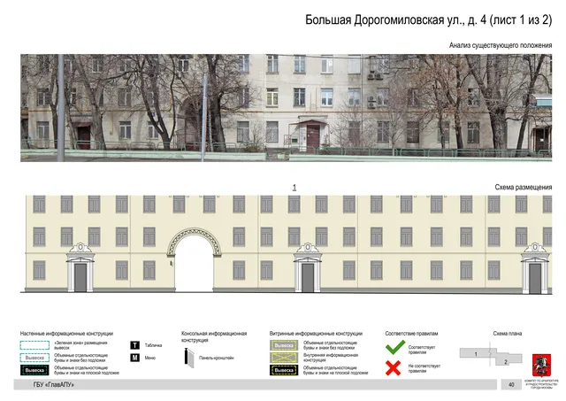Архитектурная концепция размещения вывесок — Большая дорогомиловская улица, 4, Москва, лист 1 из 2 · Документ по адресу · Архитектурно-художественная концепция · 2019 год