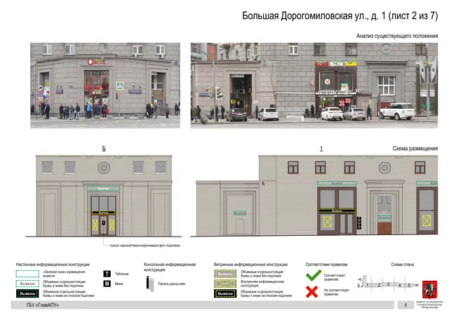 Архитектурная концепция размещения вывесок — Большая дорогомиловская улица, 1, Москва, лист 2 из 7 · Документ по адресу · Архитектурно-художественная концепция · 2019 год