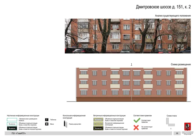 Архитектурная концепция размещения вывесок — Дмитровское шоссе, 151, корп. 2, Москва, страница PDF 101 · Документ по адресу · Архитектурно-художественная концепция · 2020 год