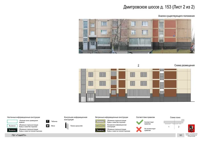 Архитектурная концепция размещения вывесок — Дмитровское шоссе, 153, Москва, лист 2 из 2 · Документ по адресу · Архитектурно-художественная концепция · 2020 год