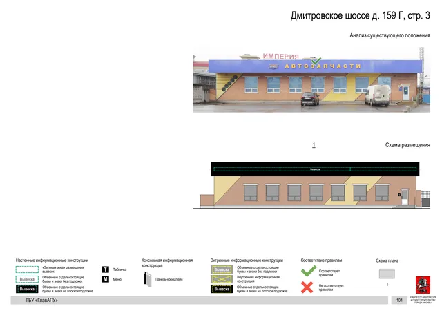 Архитектурная концепция размещения вывесок — Дмитровское шоссе, 159Г, стр. 3, Москва, страница PDF 106 · Документ по адресу · Архитектурно-художественная концепция · 2020 год