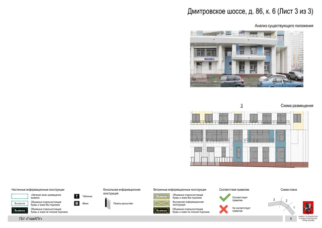 Архитектурная концепция размещения вывесок — Дмитровское шоссе, 86, корп. 6, Москва, лист 3 из 3 · Документ по адресу · Архитектурно-художественная концепция · 2020 год
