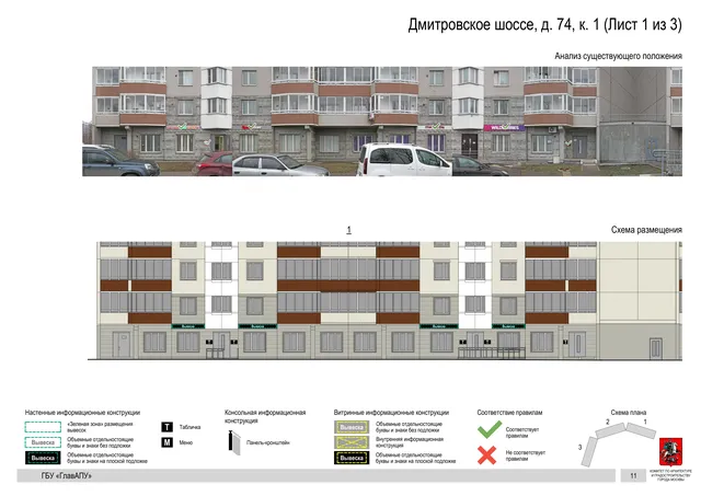 Архитектурная концепция размещения вывесок — Дмитровское шоссе, 74, корп. 1, Москва, лист 1 из 3 · Документ по адресу · Архитектурно-художественная концепция · 2020 год