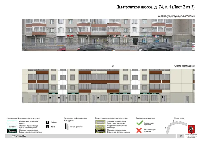 Архитектурная концепция размещения вывесок — Дмитровское шоссе, 74, корп. 1, Москва, лист 2 из 3 · Документ по адресу · Архитектурно-художественная концепция · 2020 год