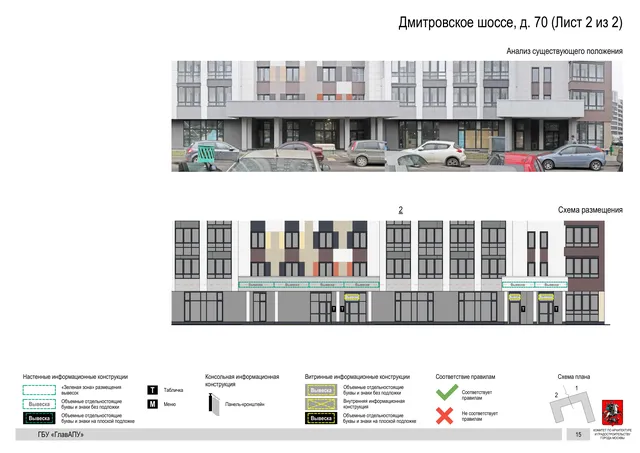Архитектурная концепция размещения вывесок — Дмитровское шоссе, 70, Москва, лист 2 из 2 · Документ по адресу · Архитектурно-художественная концепция · 2020 год