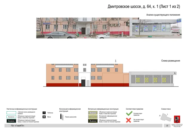 Архитектурная концепция размещения вывесок — Дмитровское шоссе, 64, корп. 1, Москва, лист 1 из 2 · Документ по адресу · Архитектурно-художественная концепция · 2020 год