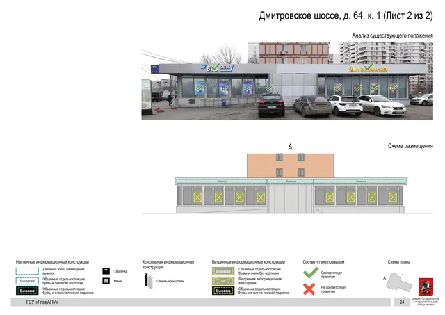 Архитектурная концепция размещения вывесок — Дмитровское шоссе, 64, корп. 1, Москва, лист 2 из 2 · Документ по адресу · Архитектурно-художественная концепция · 2020 год