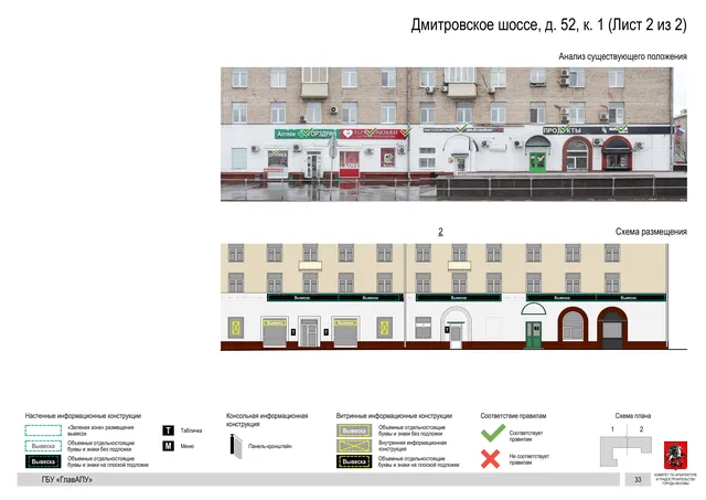 Архитектурная концепция размещения вывесок — Дмитровское шоссе, 52, корп. 1, Москва, лист 2 из 2 · Документ по адресу · Архитектурно-художественная концепция · 2020 год