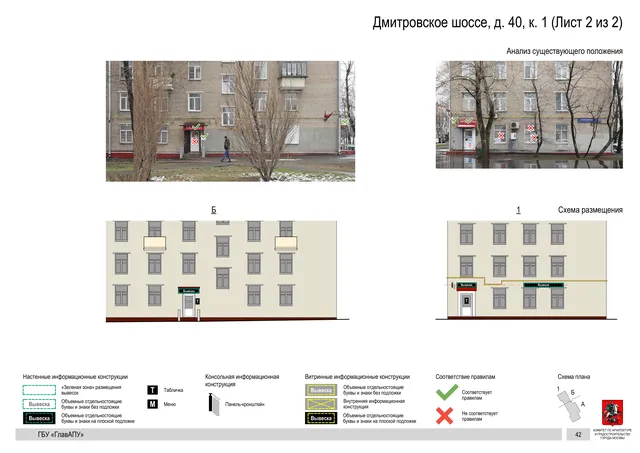 Архитектурная концепция размещения вывесок — Дмитровское шоссе, 40, корп. 1, Москва, лист 2 из 2 · Документ по адресу · Архитектурно-художественная концепция · 2020 год