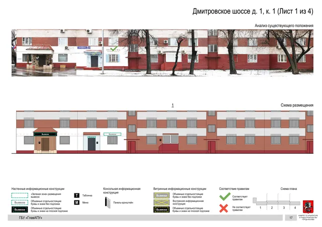 Архитектурная концепция размещения вывесок — Дмитровское шоссе, 1, корп. 1, Москва, лист 1 из 4 · Документ по адресу · Архитектурно-художественная концепция · 2020 год