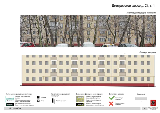 Архитектурная концепция размещения вывесок — Дмитровское шоссе, 23, корп. 1, Москва, страница PDF 42 · Документ по адресу · Архитектурно-художественная концепция · 2020 год