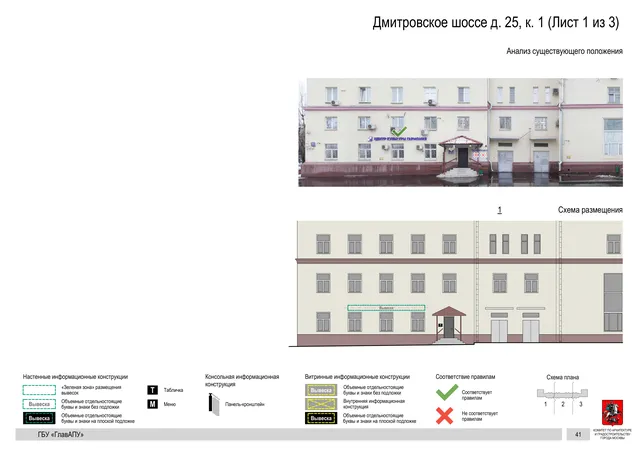 Архитектурная концепция размещения вывесок — Дмитровское шоссе, 25, корп. 1, Москва, лист 1 из 3 · Документ по адресу · Архитектурно-художественная концепция · 2020 год