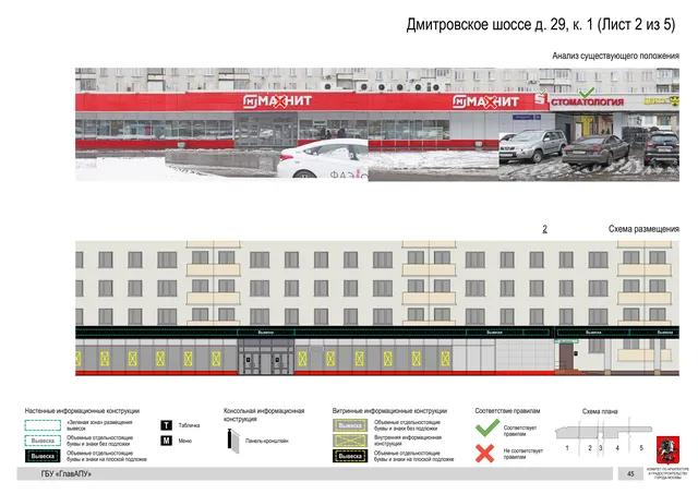 Архитектурная концепция размещения вывесок — Дмитровское шоссе, 29, корп. 1, Москва, лист 2 из 5 · Документ по адресу · Архитектурно-художественная концепция · 2020 год