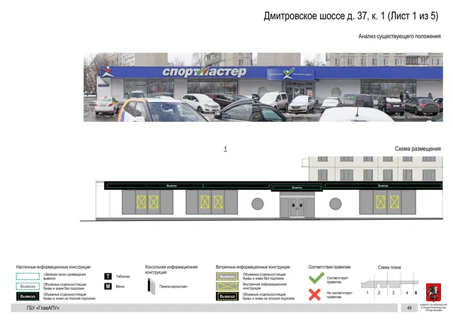 Архитектурная концепция размещения вывесок — Дмитровское шоссе, 37, корп. 1, Москва, лист 1 из 5 · Документ по адресу · Архитектурно-художественная концепция · 2020 год