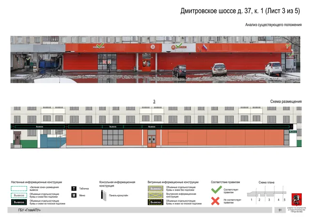 Архитектурная концепция размещения вывесок — Дмитровское шоссе, 37, корп. 1, Москва, лист 3 из 5 · Документ по адресу · Архитектурно-художественная концепция · 2020 год