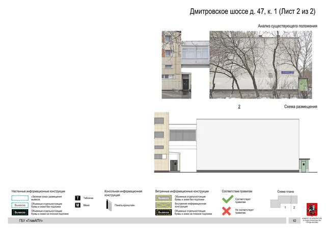Архитектурная концепция размещения вывесок — Дмитровское шоссе, 47, корп. 1, Москва, лист 2 из 2 · Документ по адресу · Архитектурно-художественная концепция · 2020 год