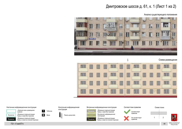 Архитектурная концепция размещения вывесок — Дмитровское шоссе, 61, корп. 1, Москва, лист 1 из 2 · Документ по адресу · Архитектурно-художественная концепция · 2020 год