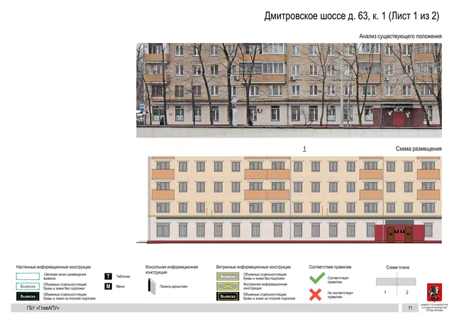 Архитектурная концепция размещения вывесок — Дмитровское шоссе, 63, корп. 1, Москва, лист 1 из 2 · Документ по адресу · Архитектурно-художественная концепция · 2020 год