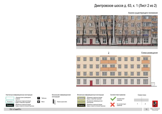 Архитектурная концепция размещения вывесок — Дмитровское шоссе, 63, корп. 1, Москва, лист 2 из 2 · Документ по адресу · Архитектурно-художественная концепция · 2020 год
