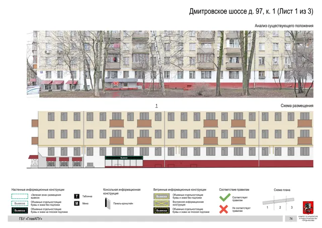 Архитектурная концепция размещения вывесок — Дмитровское шоссе, 97, корп. 1, Москва, лист 1 из 3 · Документ по адресу · Архитектурно-художественная концепция · 2020 год