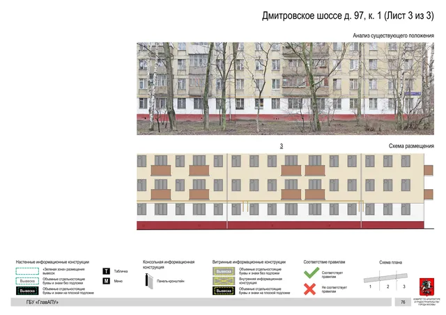 Архитектурная концепция размещения вывесок — Дмитровское шоссе, 97, корп. 1, Москва, лист 3 из 3 · Документ по адресу · Архитектурно-художественная концепция · 2020 год