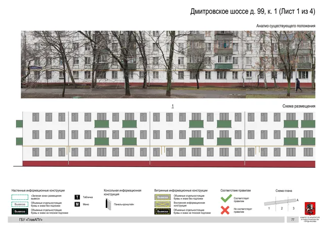 Архитектурная концепция размещения вывесок — Дмитровское шоссе, 99, корп. 1, Москва, лист 1 из 4 · Документ по адресу · Архитектурно-художественная концепция · 2020 год