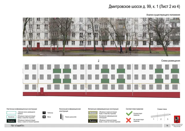 Архитектурная концепция размещения вывесок — Дмитровское шоссе, 99, корп. 1, Москва, лист 2 из 4 · Документ по адресу · Архитектурно-художественная концепция · 2020 год