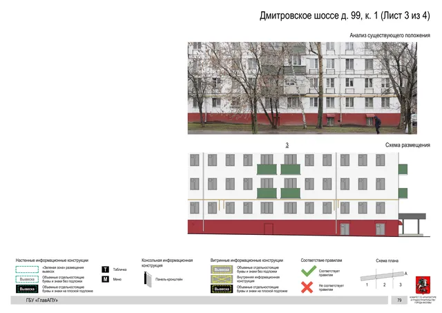 Архитектурная концепция размещения вывесок — Дмитровское шоссе, 99, корп. 1, Москва, лист 3 из 4 · Документ по адресу · Архитектурно-художественная концепция · 2020 год