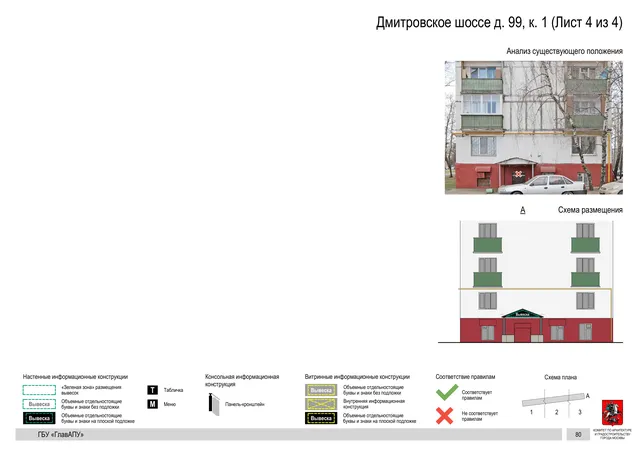 Архитектурная концепция размещения вывесок — Дмитровское шоссе, 99, корп. 1, Москва, лист 4 из 4 · Документ по адресу · Архитектурно-художественная концепция · 2020 год