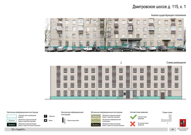 Архитектурная концепция размещения вывесок — Дмитровское шоссе, 115, корп. 1, Москва, страница PDF 86 · Документ по адресу · Архитектурно-художественная концепция · 2020 год