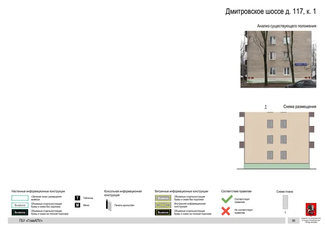 Архитектурная концепция размещения вывесок — Дмитровское шоссе, 117, корп. 1, Москва, страница PDF 87 · Документ по адресу · Архитектурно-художественная концепция · 2020 год