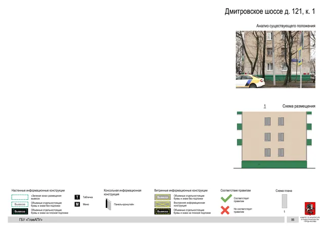 Архитектурная концепция размещения вывесок — Дмитровское шоссе, 121, корп. 1, Москва, страница PDF 88 · Документ по адресу · Архитектурно-художественная концепция · 2020 год