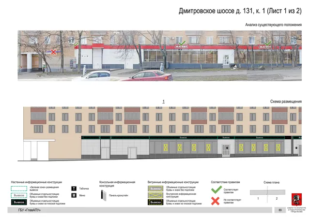 Архитектурная концепция размещения вывесок — Дмитровское шоссе, 131, корп. 1, Москва, лист 1 из 2 · Документ по адресу · Архитектурно-художественная концепция · 2020 год
