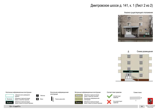 Архитектурная концепция размещения вывесок — Дмитровское шоссе, 141, корп. 1, Москва, лист 2 из 2 · Документ по адресу · Архитектурно-художественная концепция · 2020 год