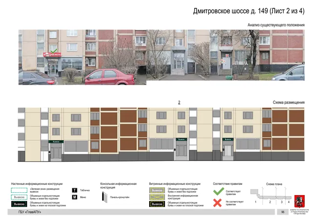Архитектурная концепция размещения вывесок — Дмитровское шоссе, 149, Москва, лист 2 из 4 · Документ по адресу · Архитектурно-художественная концепция · 2020 год