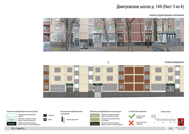 Архитектурная концепция размещения вывесок — Дмитровское шоссе, 149, Москва, лист 3 из 4 · Документ по адресу · Архитектурно-художественная концепция · 2020 год