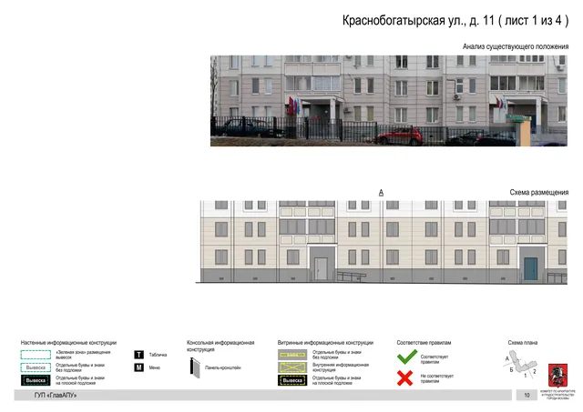 Архитектурная концепция размещения вывесок — Краснобогатырская улица, 11, Москва, лист 1 из 4 · Документ по адресу · Архитектурно-художественная концепция · 2016 год