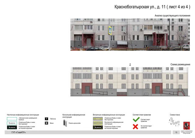 Архитектурная концепция размещения вывесок — Краснобогатырская улица, 11, Москва, лист 4 из 4 · Документ по адресу · Архитектурно-художественная концепция · 2016 год
