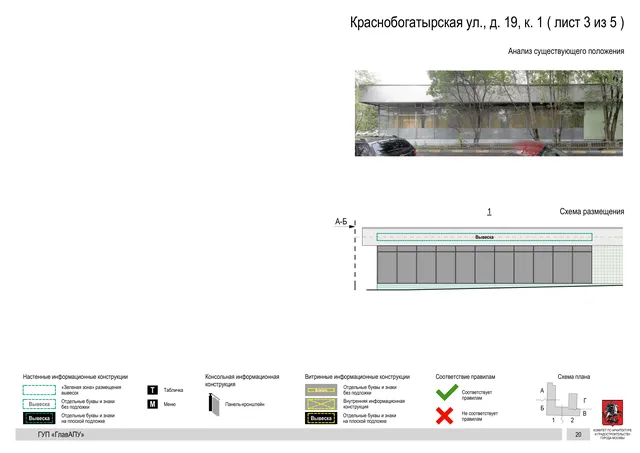 Архитектурная концепция размещения вывесок — Краснобогатырская улица, 19, корп. 1, Москва, лист 3 из 5 · Документ по адресу · Архитектурно-художественная концепция · 2016 год