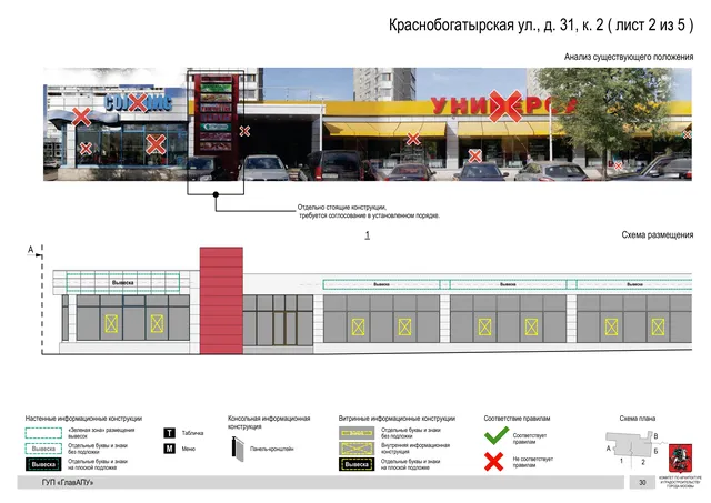 Архитектурная концепция размещения вывесок — Краснобогатырская улица, 31, корп. 2, Москва, лист 2 из 5 · Документ по адресу · Архитектурно-художественная концепция · 2016 год