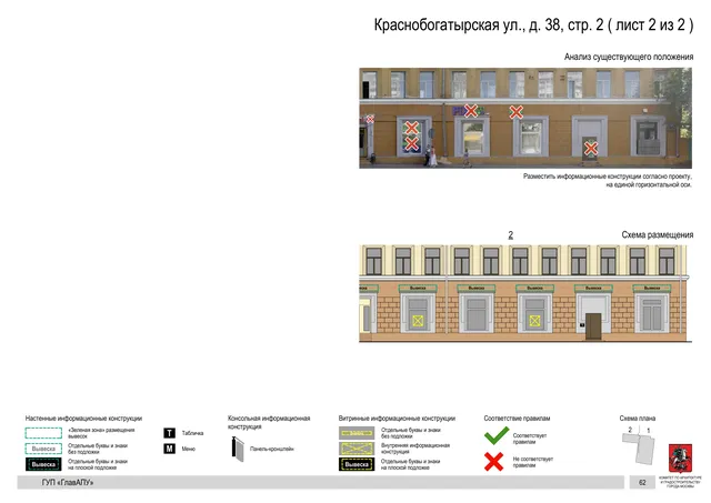Архитектурная концепция размещения вывесок — Краснобогатырская улица, 38, стр. 2, Москва, лист 2 из 2 · Документ по адресу · Архитектурно-художественная концепция · 2016 год