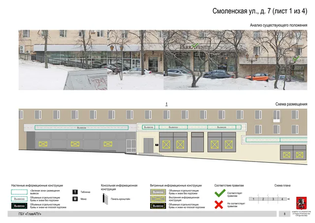 Архитектурная концепция размещения вывесок — Смоленская улица, 7, Москва, лист 1 из 4 · Документ по адресу · Архитектурно-художественная концепция · 2019 год