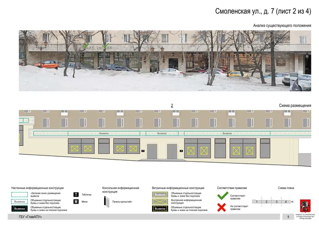 Архитектурная концепция размещения вывесок — Смоленская улица, 7, Москва, лист 2 из 4 · Документ по адресу · Архитектурно-художественная концепция · 2019 год