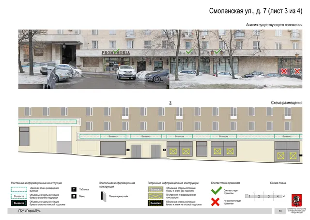 Архитектурная концепция размещения вывесок — Смоленская улица, 7, Москва, лист 3 из 4 · Документ по адресу · Архитектурно-художественная концепция · 2019 год