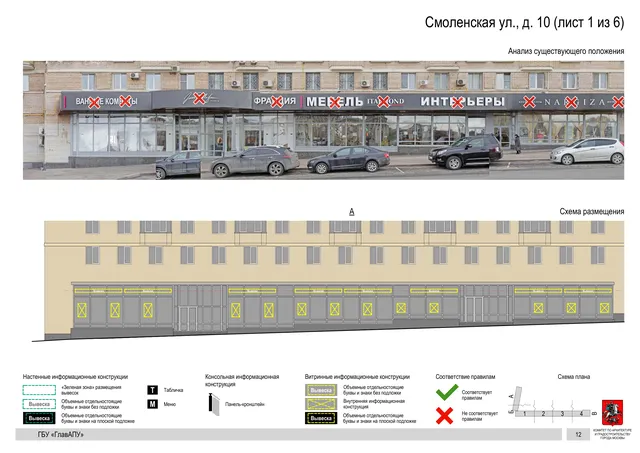 Архитектурная концепция размещения вывесок — Смоленская улица, 10, Москва, лист 1 из 6 · Документ по адресу · Архитектурно-художественная концепция · 2019 год