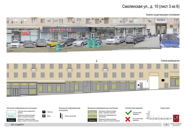 Архитектурная концепция размещения вывесок — Смоленская улица, 10, Москва, лист 3 из 6 · Документ по адресу · Архитектурно-художественная концепция · 2019 год